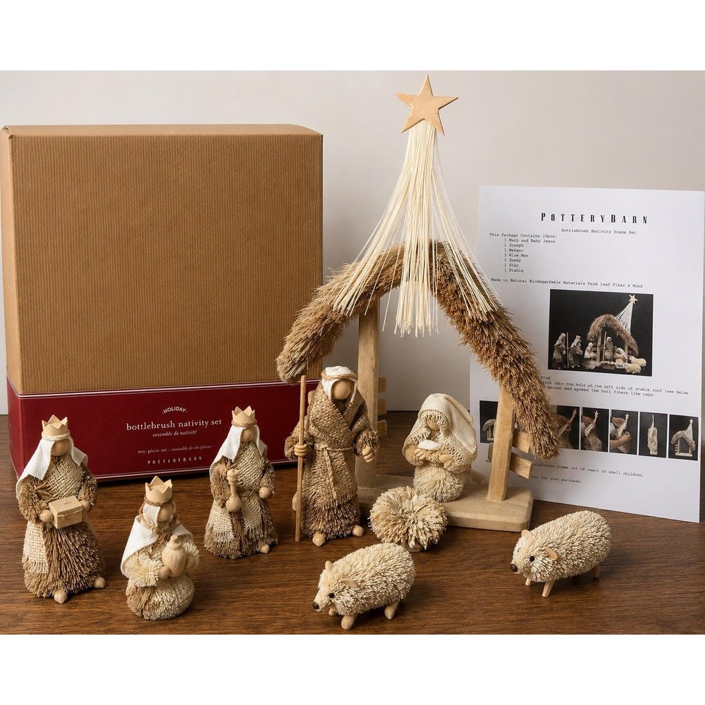 Pottery Barn Bottle Brush Nativity Set Complete 10 Pc w Box Christmas Decor